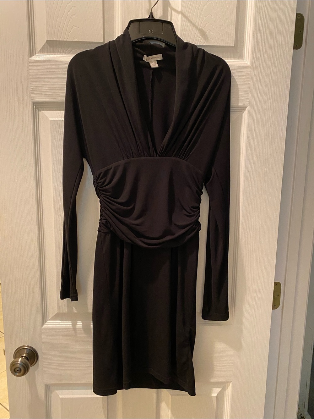 Boston Proper Black Long-Sleeve Ruched V-Neck Dress